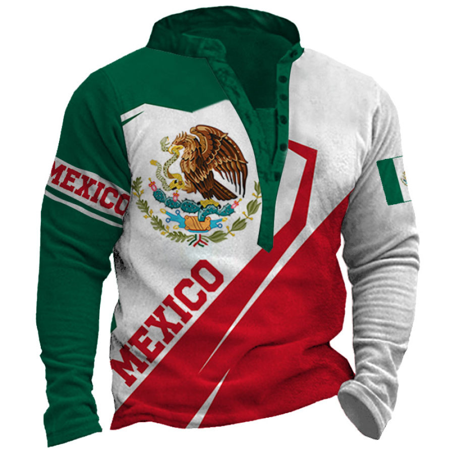 

Men's Vintage Contrast Mexican Flag Print Henley Sweatshirt