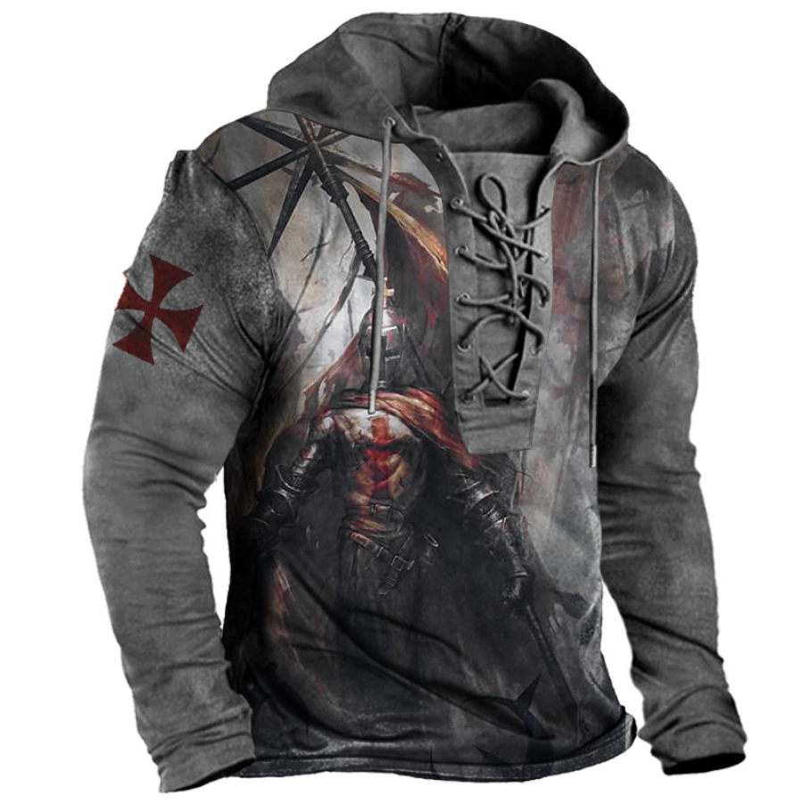 

Men's Outdoor Vintage Templar Print Lace-Up Hoodie T-Shirt