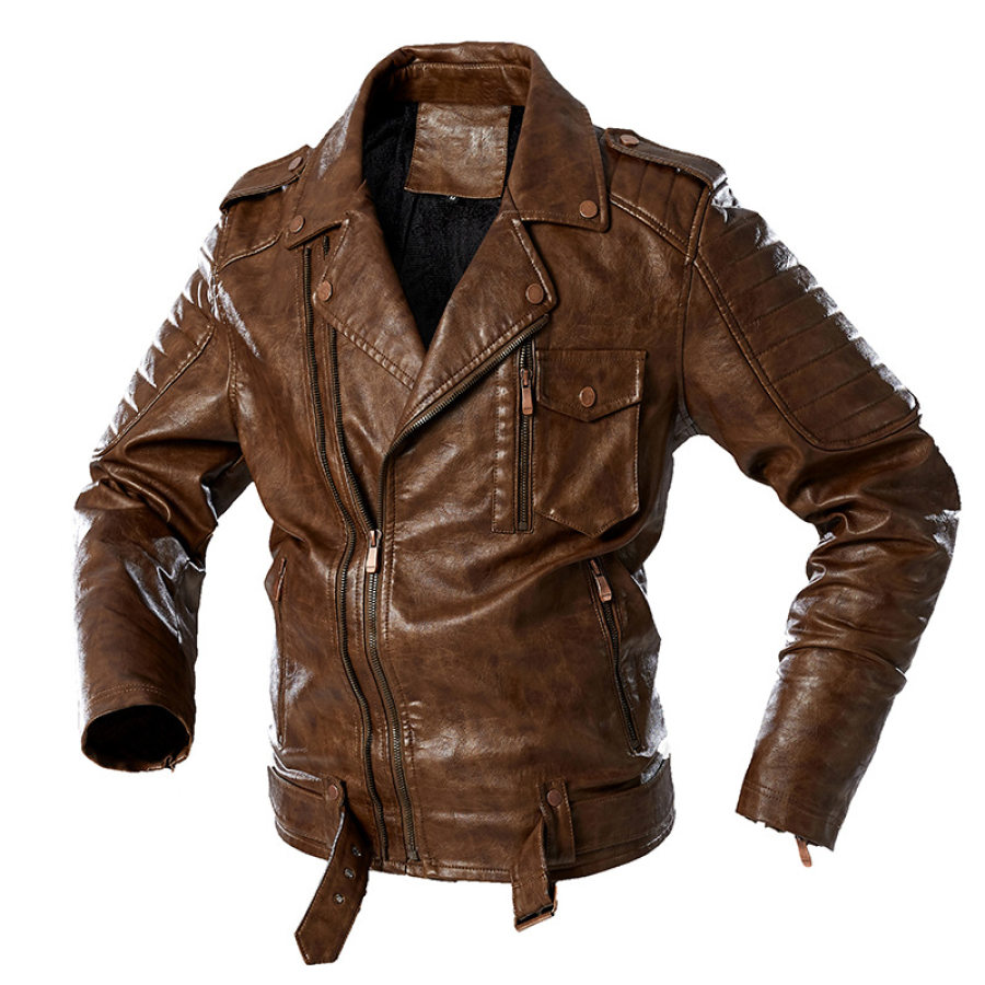 

Men's Old Retro Motorcycle Zipper Design Plus Velvet Leather Jackets