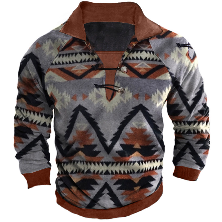 

Men's Retro Ethnic Button Half Turtleneck Sweatshirt