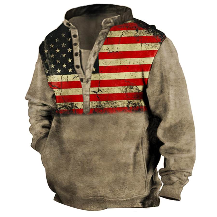 

Men's Vintage American Flag Print Henley Sweatshirt