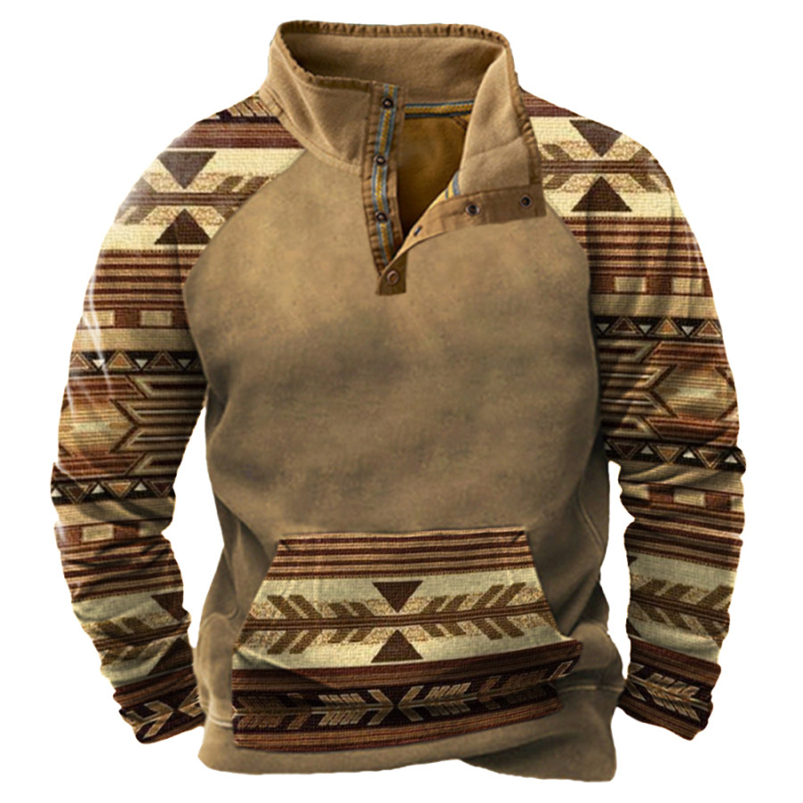 

Men's Outdoor Retro Ethnic Print Stitching Tooling Tactical Polo Neck Sweatshirt