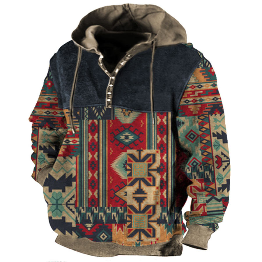 

Men's Vintage Ethnic Print Patchwork Contrast Half Open Hoodie