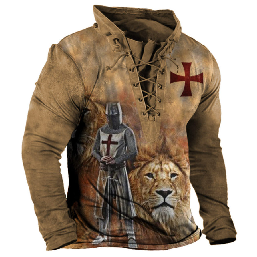 

Men's Vintage Templar Lion Print Lace-Up Hoodie T-Shirt