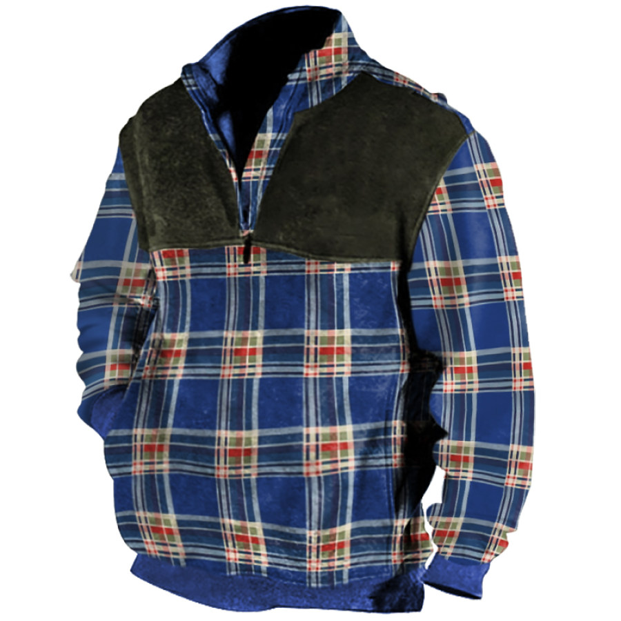 

Men's Casual Check Print Zip Up Collar Sweatshirt