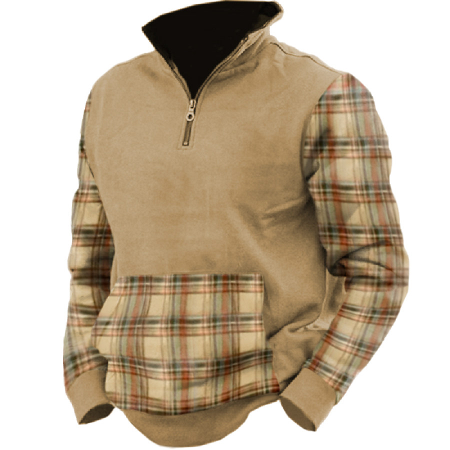 

Men's Casual Check Print Zip-Up Collar Pocket Sweatshirt