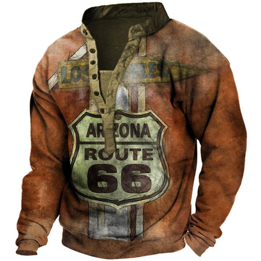 

Men's Vintage Route 66 Print Henley Sweatshirt
