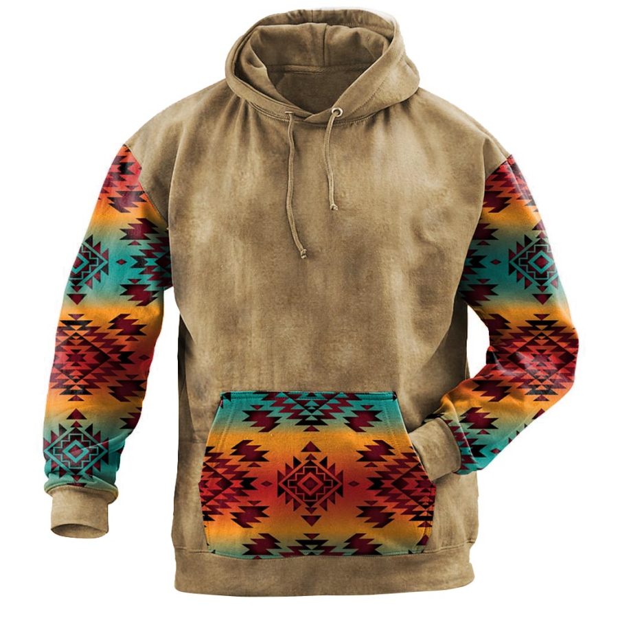 

Men's Vintage Ethnic Print Pocket Hoodie