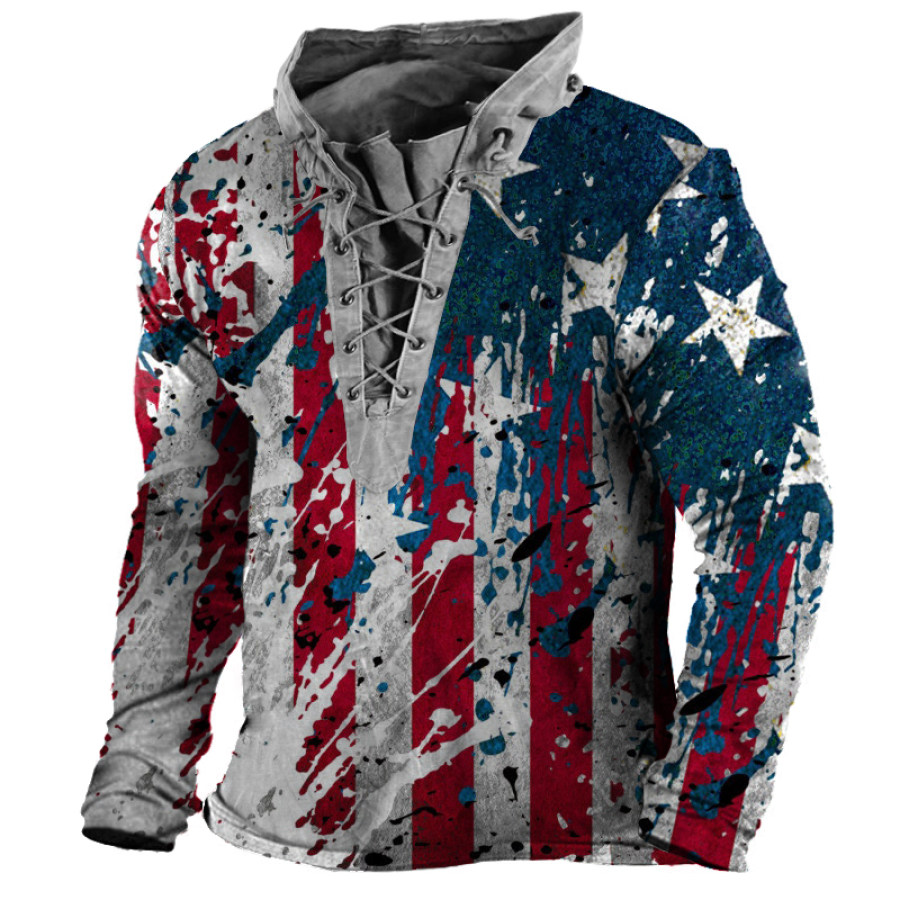 

Men's American Flag Drawstring Henley Shirt