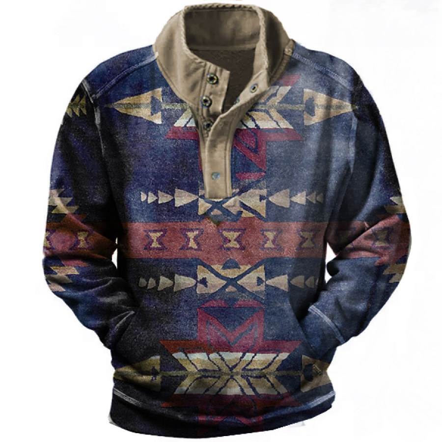 

Men's Vintage Western Print Henley Collar Sweatshirt