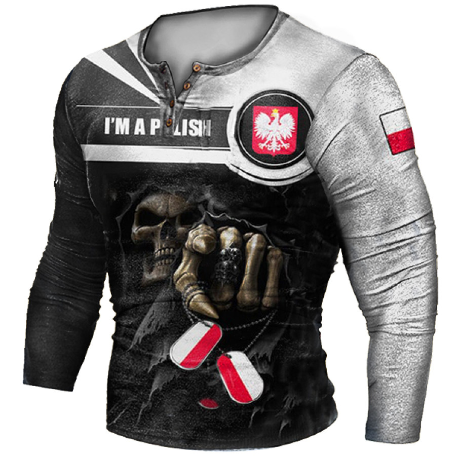 

I Am Polish Skull Printed Men's Vintage Henley T-Shirt