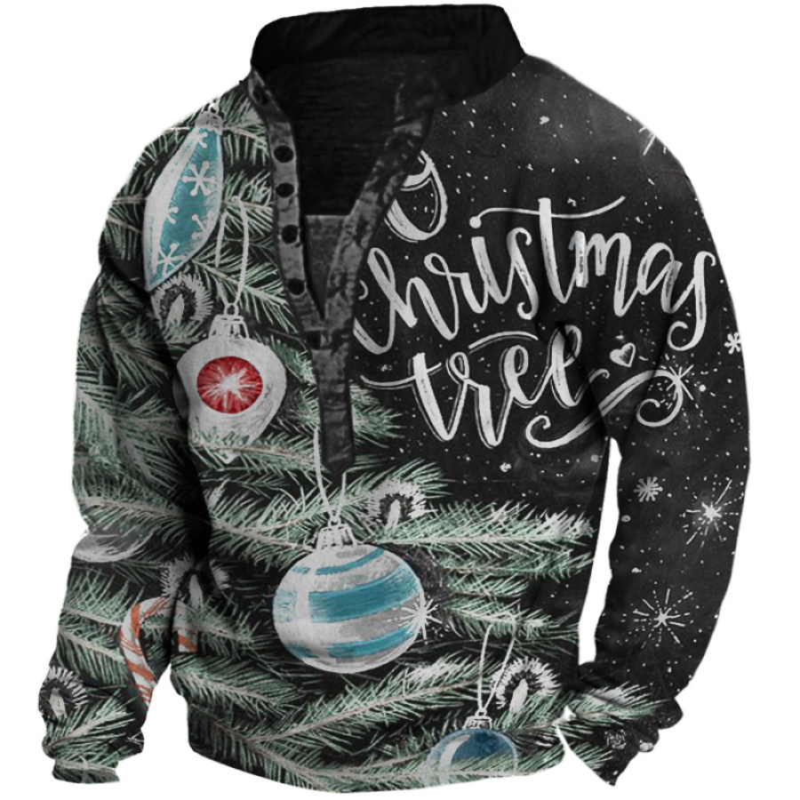 

Men's Christmas Tree Print Henley Collar Sweatshirt