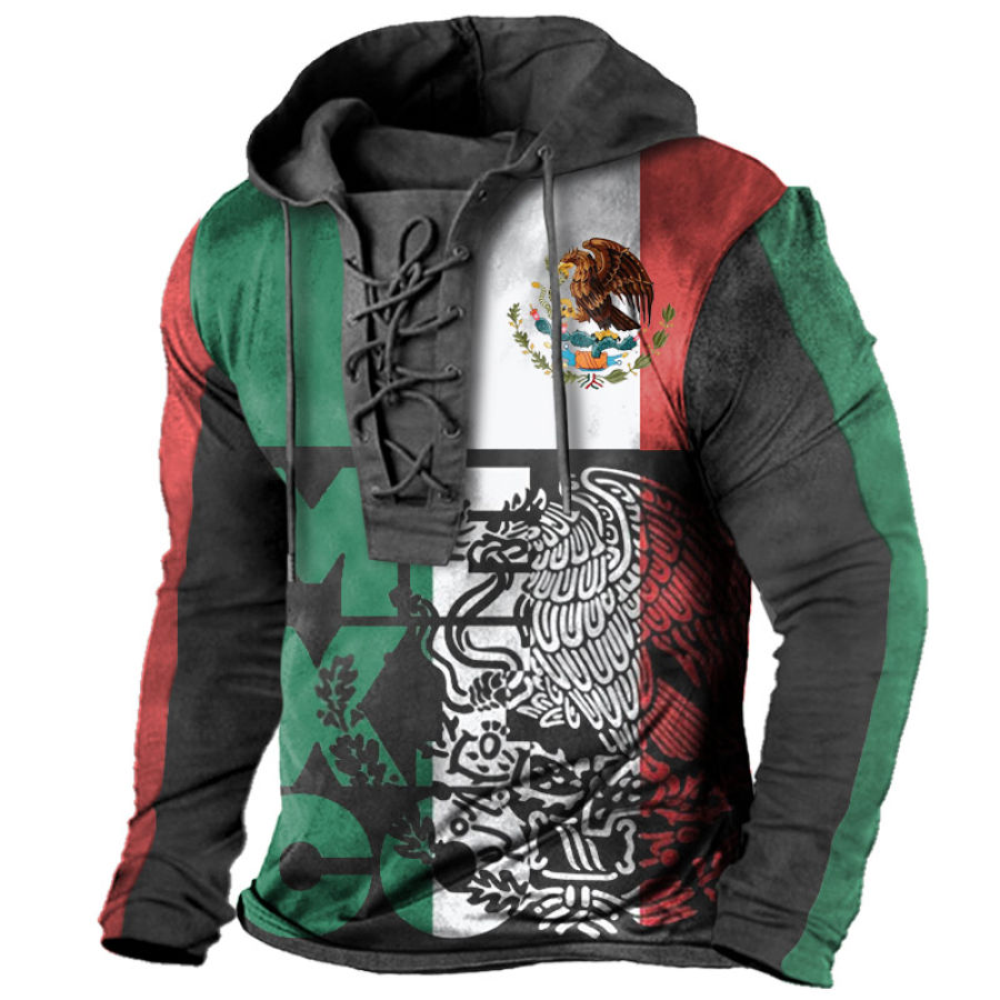 

Men's Mexican Flag Contrast Print Lace-Up Hooded T-Shirt