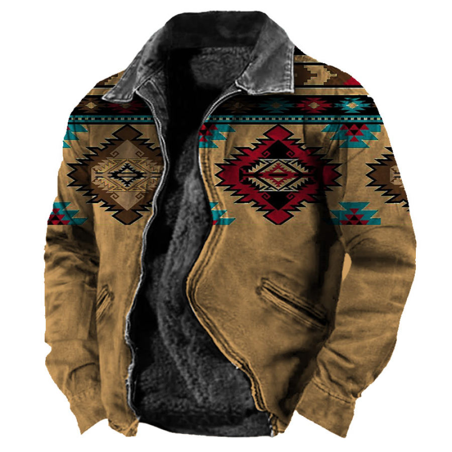 

Herren Vintage Ethnic Print Reißverschlusstasche Plüsch Gefütterte Thermojacke