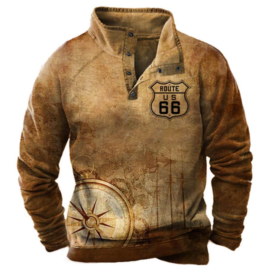 

Men's Vintage Route 66 Compass Print Snap Sweatshirt
