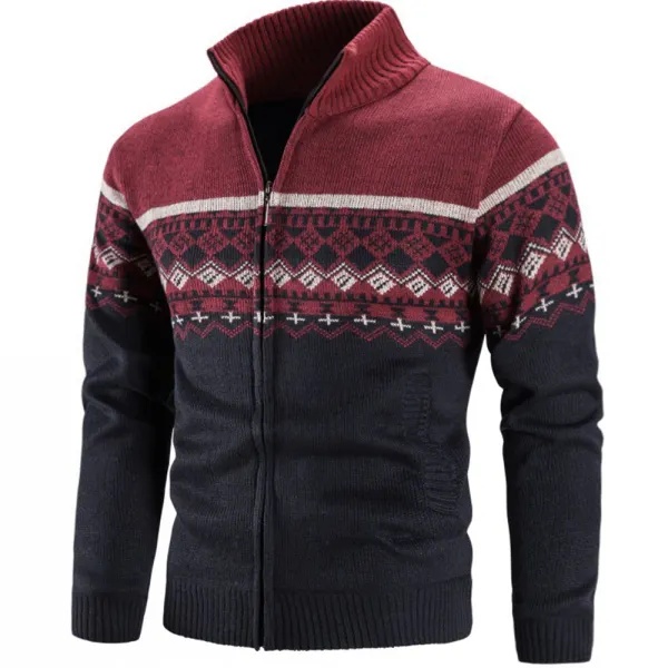 Men's Outdoor Pattern Zip Stand Collar Knit Cardigan - Honeylop.chimpone.com 