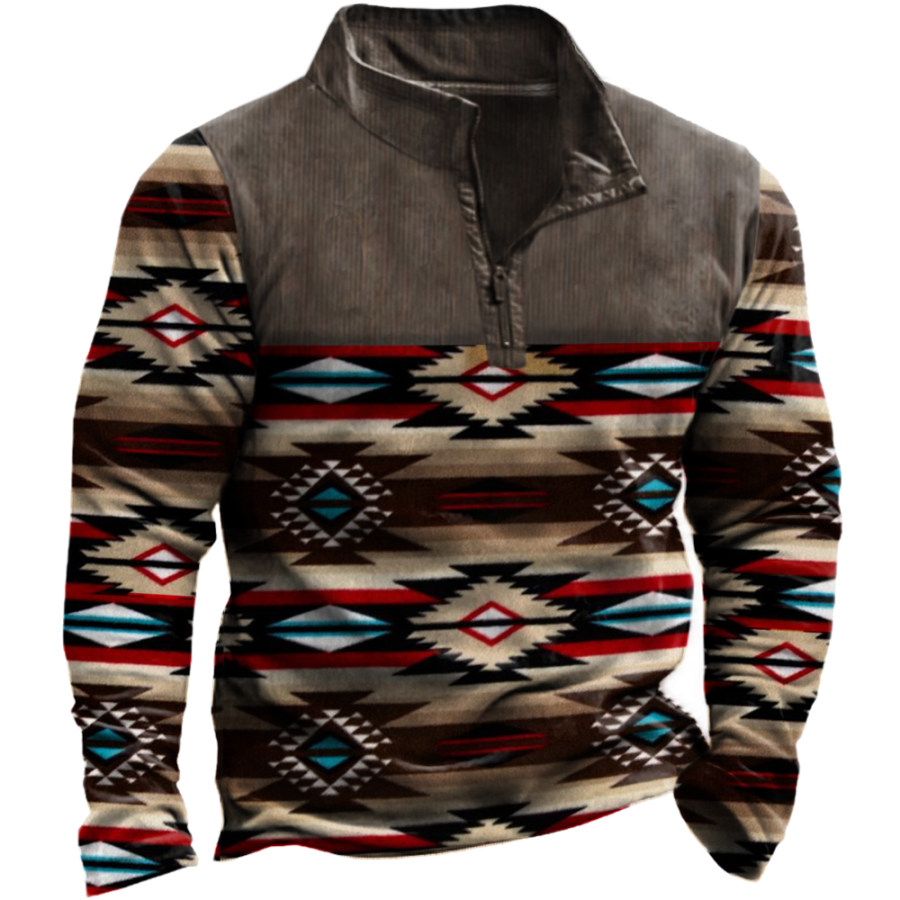 

Men's Vintage Ethnic Colorblock Print Stand Collar Sweatshirt