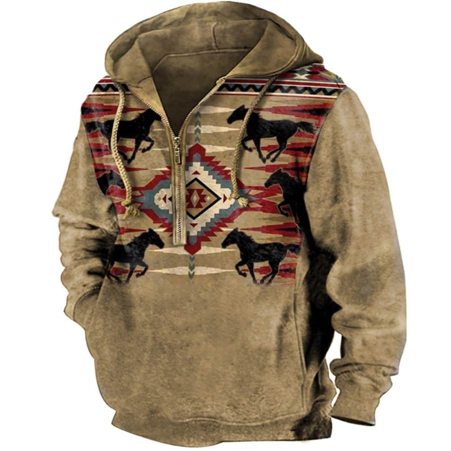 

Men's Vintage Ethnic Horse Pocket Zipper Hoodie