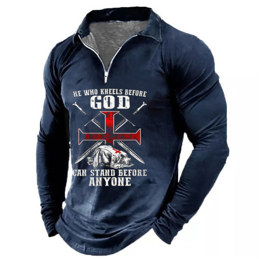 

Men's Knight Templar He Who Kneels Before God Zip Polo Long Sleeve T-Shirt