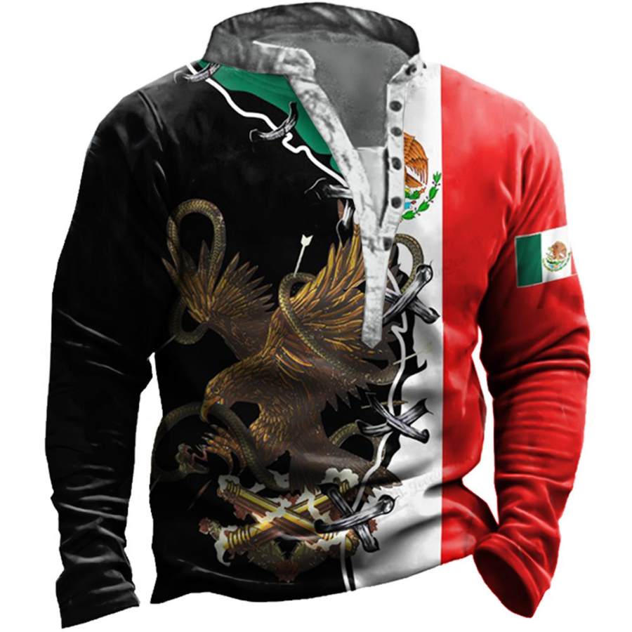 

Men's Outdoor Mexico Flag Eagle Henley Sweatshirt