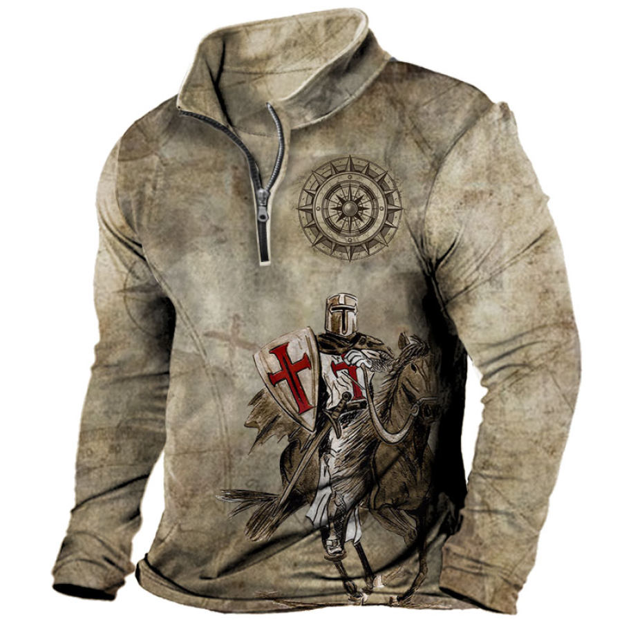 

Men's Vintage Outdoor Templar Compass Print Half Zip T-Shirt