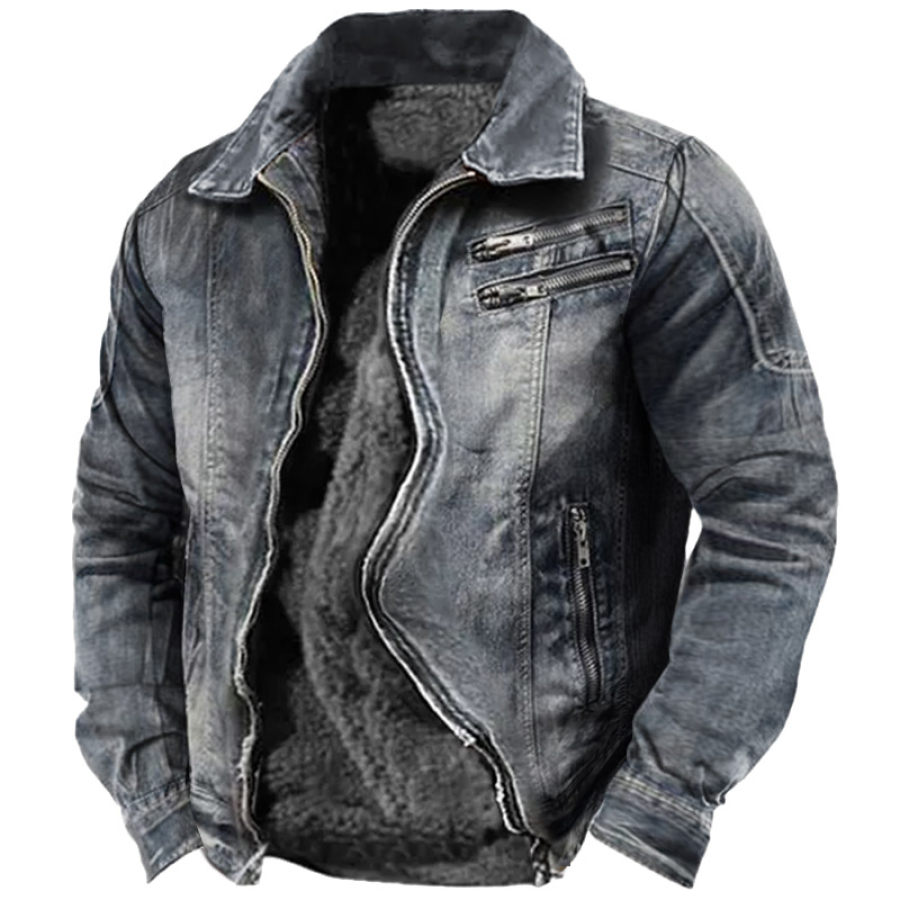 

Men's Vintage Outdoor Thermal Denim Fleece Lined Zip Pocket Jacket