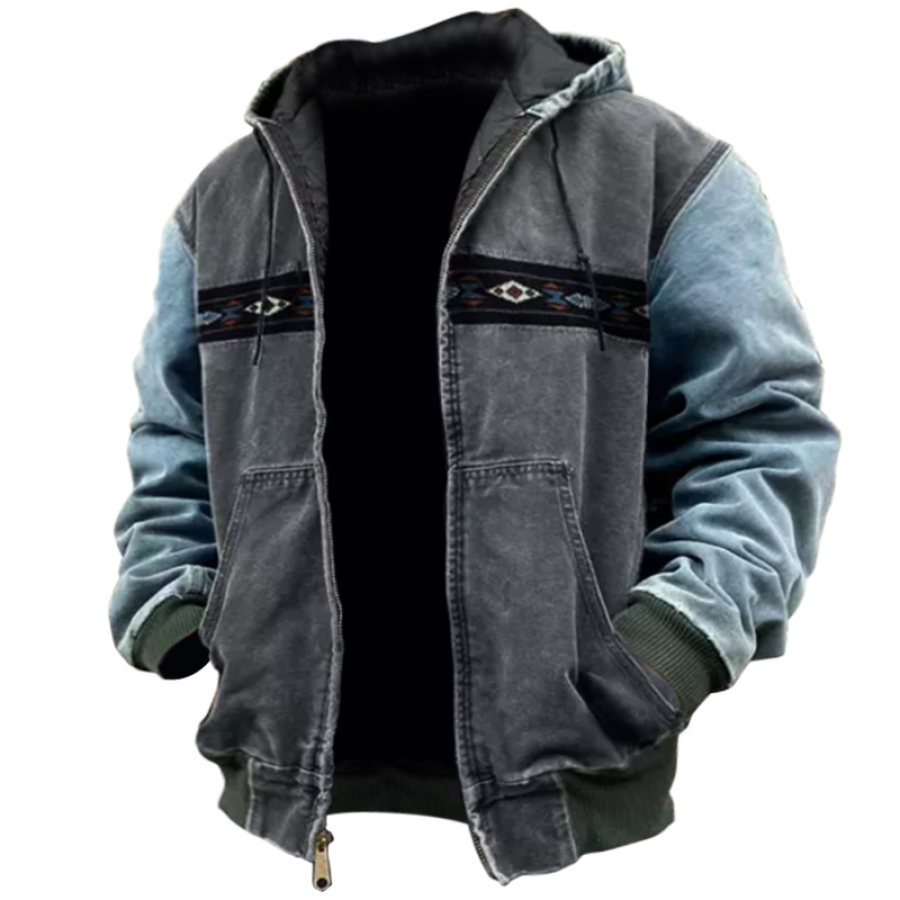 

Men's Outdoor Vintage Denim Contrast Patchwork Pocket Hooded Jacket