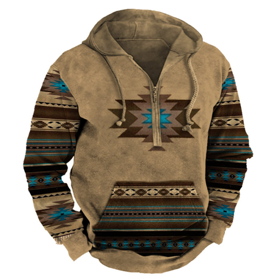 

Men's Vintage Ethnic Print Pocket Half Zip Hoodie