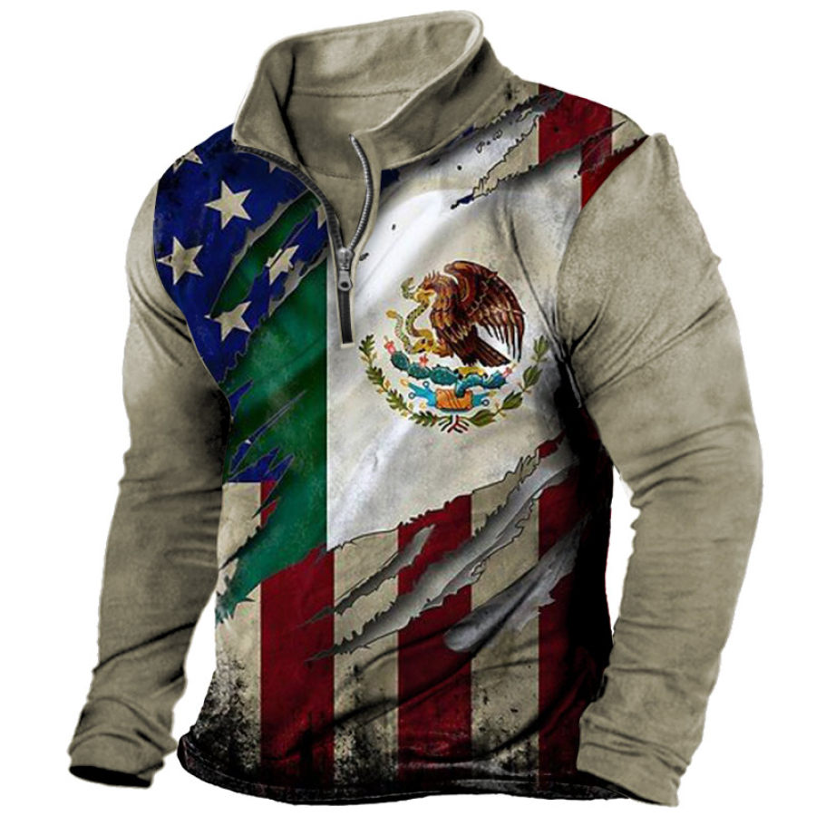 

Men's Vintage American Flag Mexico Print Half Zip T-Shirt