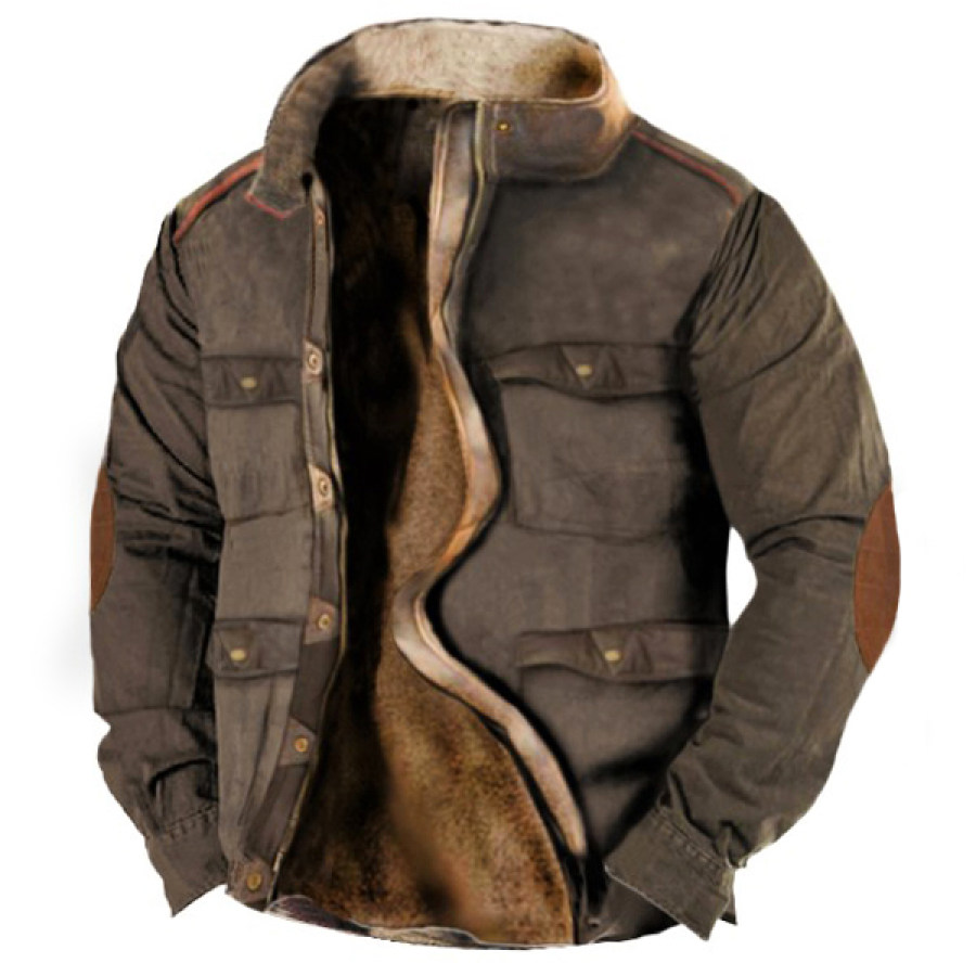 

Men's Retro Lining Plus Fleece Zipper Multi Pocket Tactical Shirt Jacket