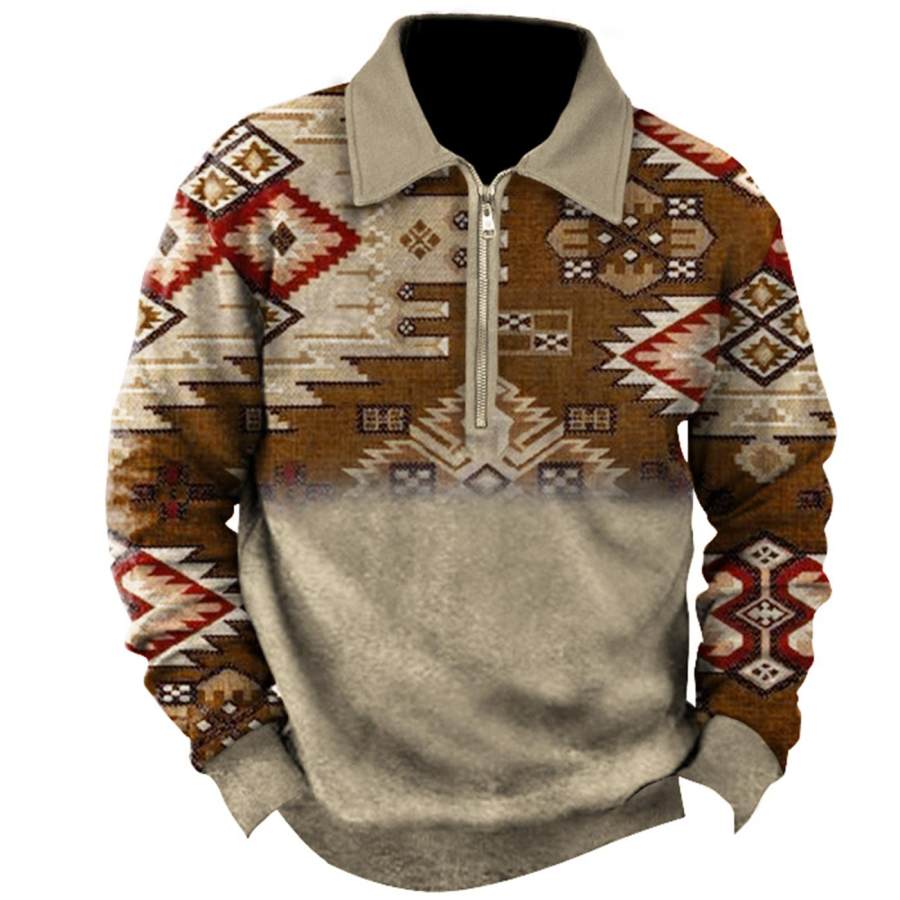 

Men's Vintage Ethnic Geometric Print Zipper Polo Sweatshirt