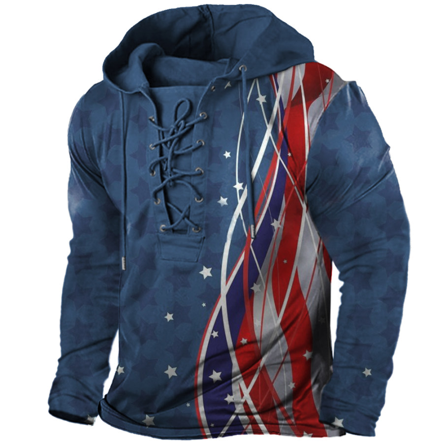 

Men's Vintage American Flag Print Lace-Up Hooded Long Sleeve T-Shirt