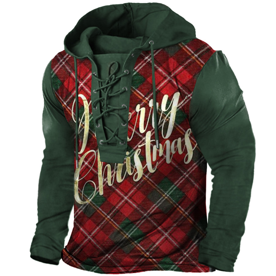 

Men's Vintage Classic Plaid Christmas Print Lace-Up Hooded Long Sleeve T-Shirt