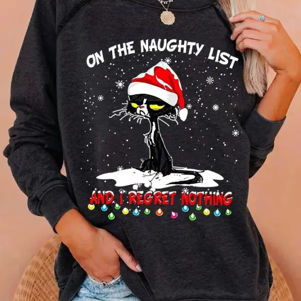 Women's Christmas Cat Print Crew Neck Sweatshirt - Kalesafe.com 
