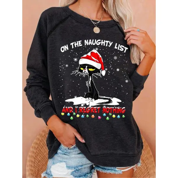 Women's Christmas Cat Print Crew Neck Sweatshirt - Honeylop.chimpone.com 