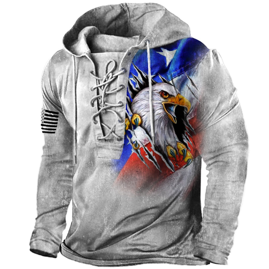 

Men's Vintage American Flag Eagle Print Lace-Up Hooded Long Sleeve T-Shirt
