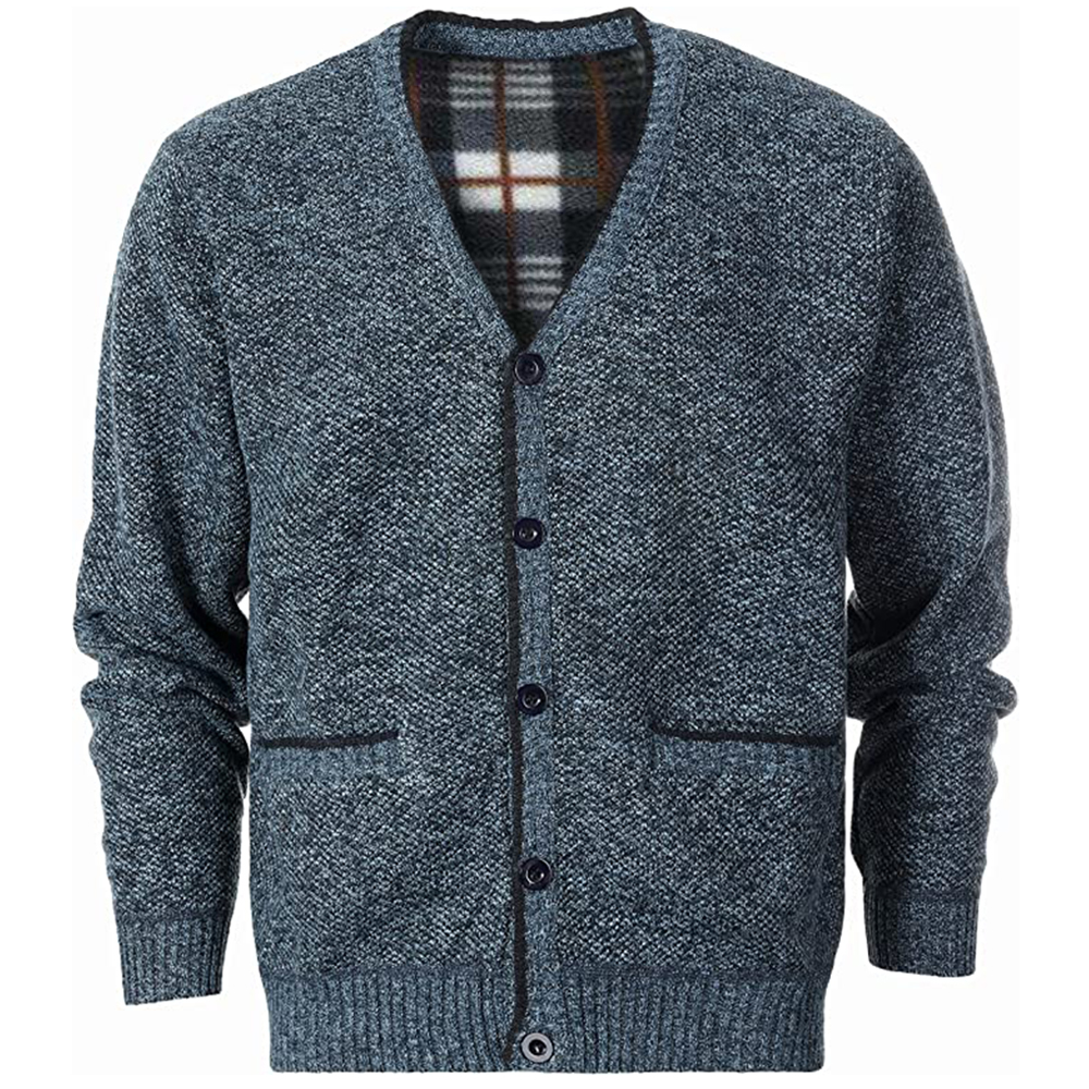 Men's Knitted V-neck Button Chic Down Cardigan Sweater With Flannel Lining And Pockets