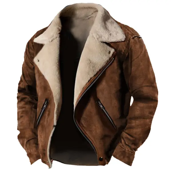 Men's Vintage Outdoor Training Suede Zip Pocket Lamb Fleece Collar Warm Jacket - Sanhive.com 
