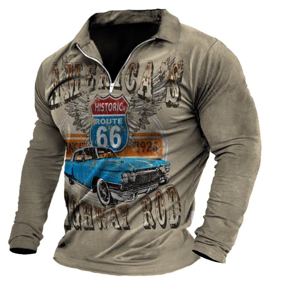 

Men's Outdoor Vintage Route 66 Racing Print Half Zip T-Shirt