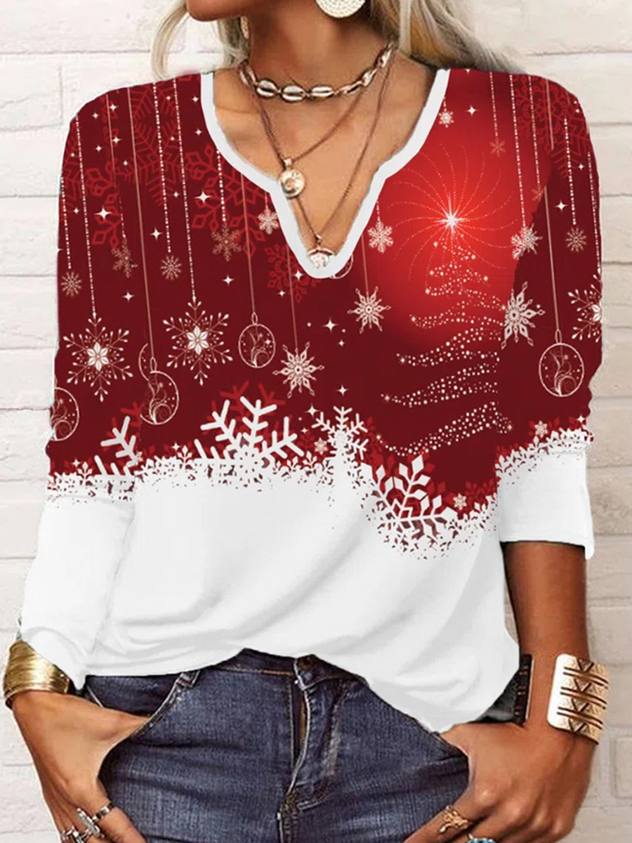 Casual Christmas Print V-neck Chic Long Sleeve T-shirt