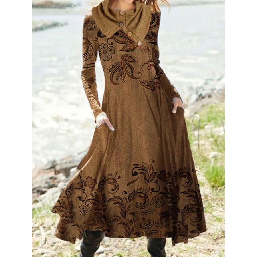 

Casual Vintage Print Panel Long Sleeve Midi Dress