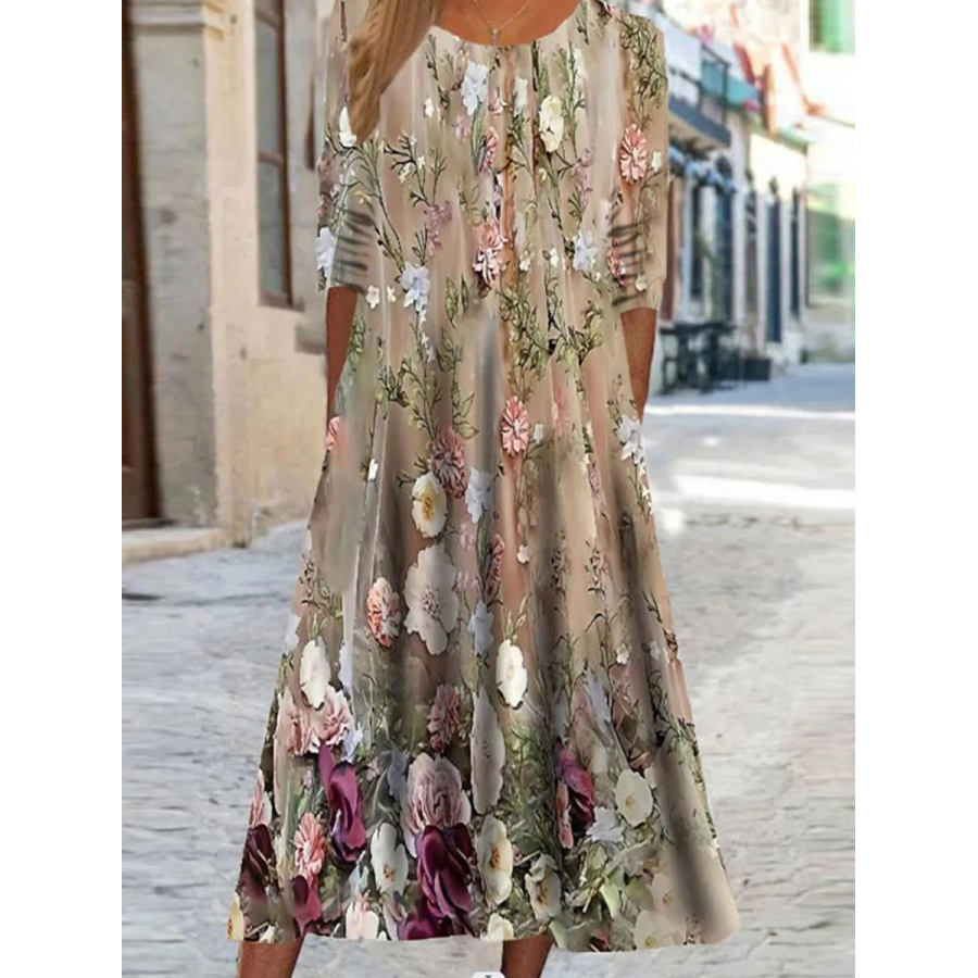 

Round Neck Casual Floral Print Long Sleeve Midi Dress