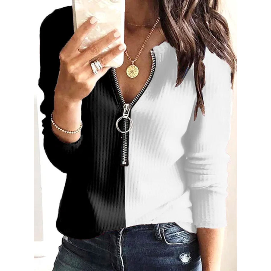 

Round Neck Zip Casual Loose Panel Long Sleeve T-shirt
