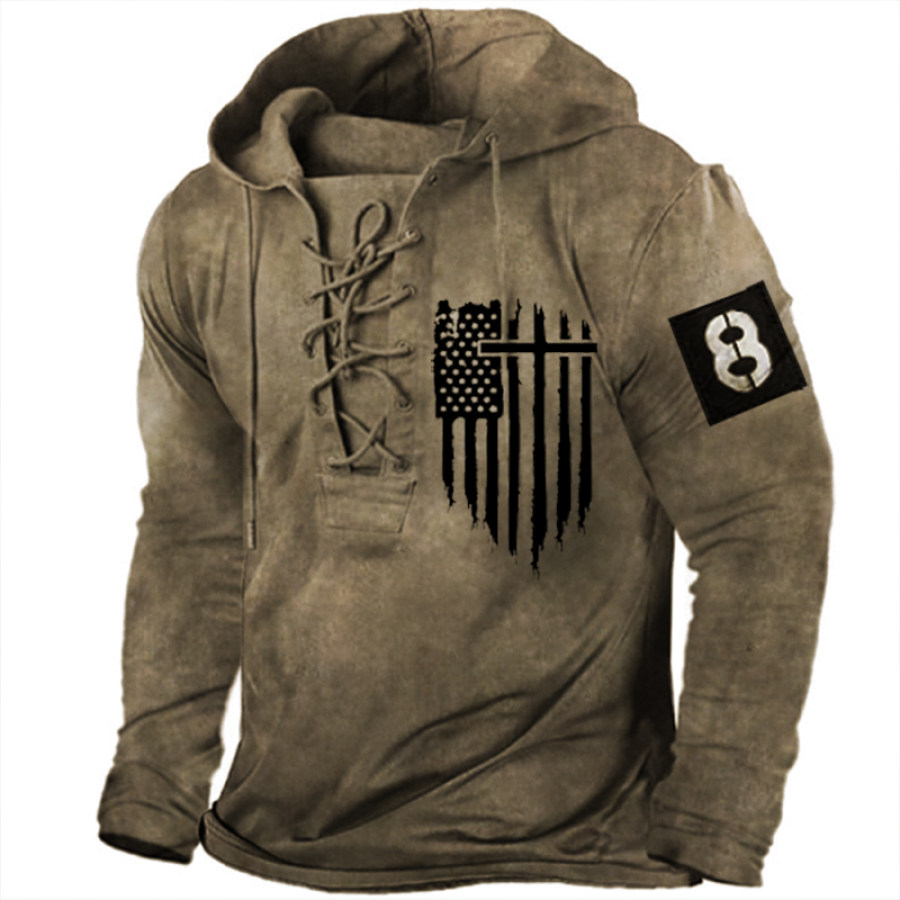 

Men's Vintage Tie American Flag Print Letter 8 Hooded T-Shirt