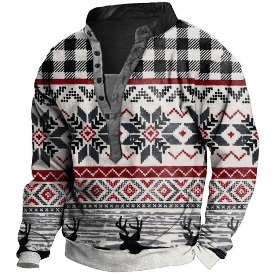 

Men's Christmas Plaid Snowflake Print Henley Sweatshirt