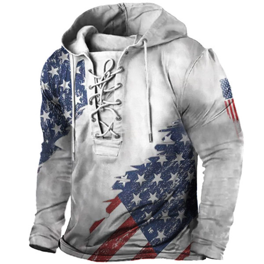

Men's Vintage American Flag Print Lace-Up Hooded Long Sleeve T-Shirt