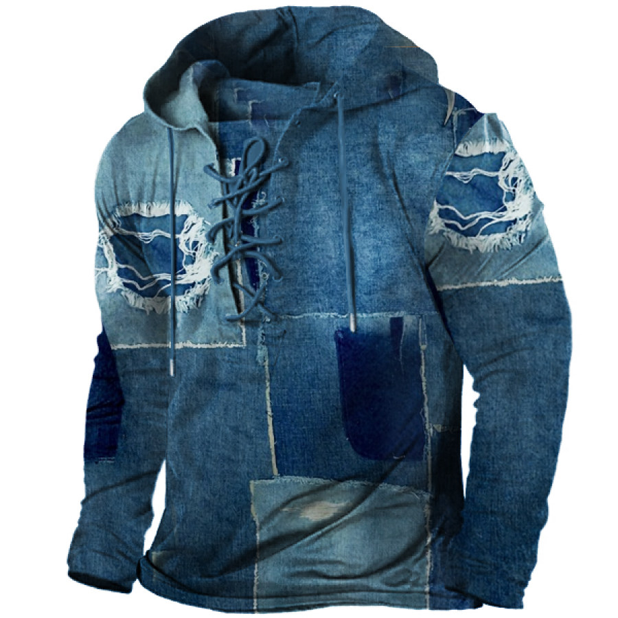 

Washed Denim Print Men's Drawstring Hooded T-Shirt