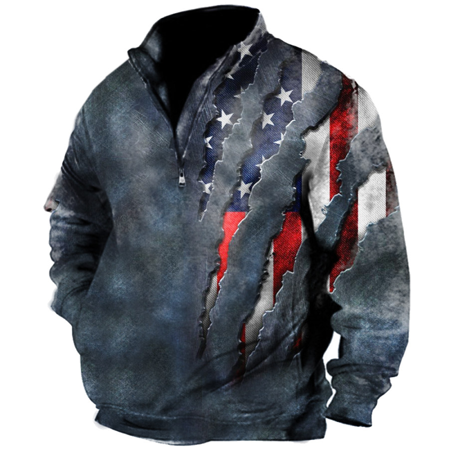 

Men's Vintage American Flag Loose Pocket Zip Collar Sweatshirt