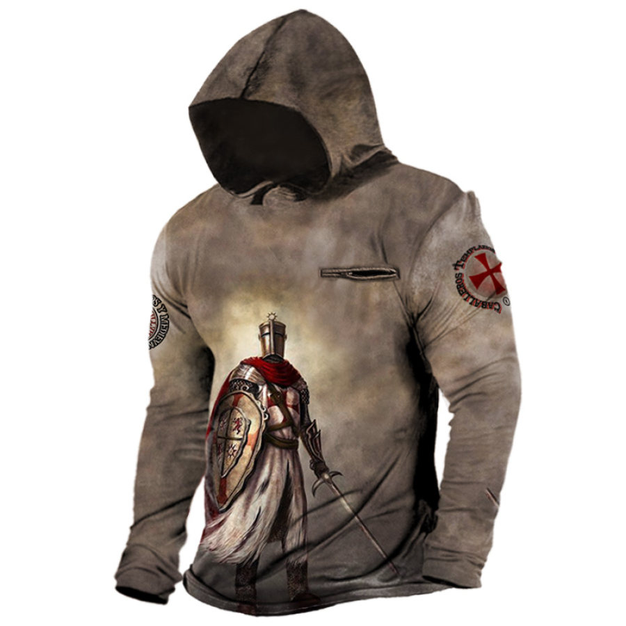 

Men's Vintage Templar Print Zip Pocket Tactical Hoodie T-Shirt