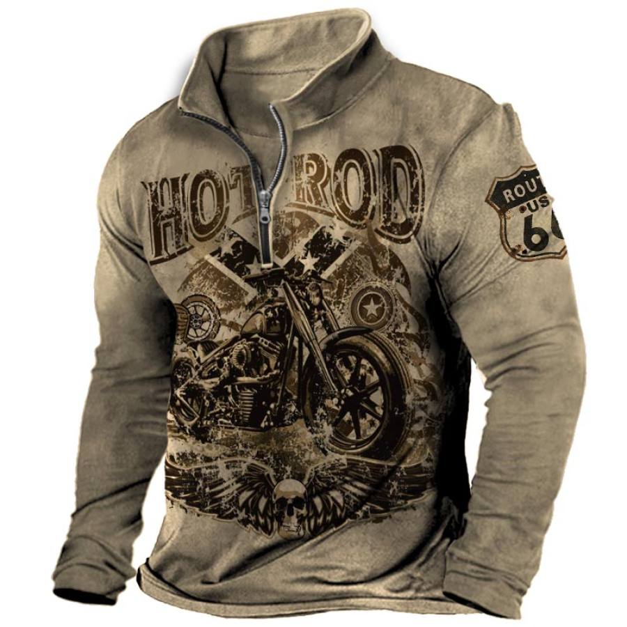 

Men's Vintage Outdoor Motorcycle Route 66 Printed Half Zip T-Shirt